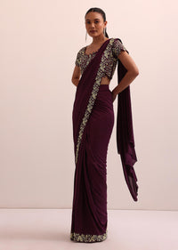 Wine Pre Pleated Saree With Embellished Blouse