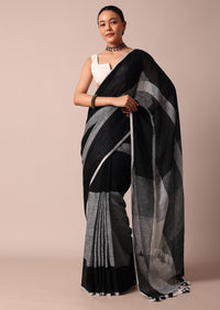 Black Cotton Linen Diagonal Striped Saree With Unstitched Blouse Piece