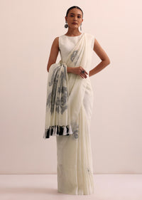 White Linen Saree In Abstract Thread Work And Unstitched Blouse