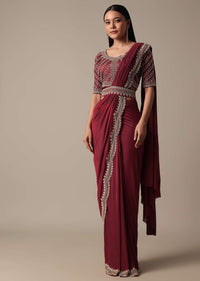 Red Ready Pleated Saree With Embellished Blouse