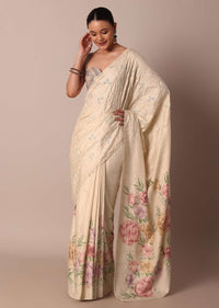 Pristine White Silk Saree With Floral Cutwork And Printed Pallu