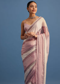 Pink And White Glass Tissue Saree With Swarovski Work And Unstitched Blouse