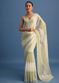 Sea Green Tissue Saree With Swarovski Work And Unstitched Blouse