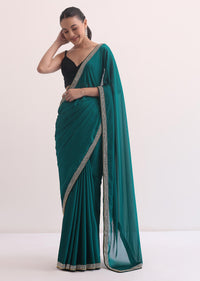 Navy Blue Satin Saree In Mirror Embroidery With Unstitched Blouse