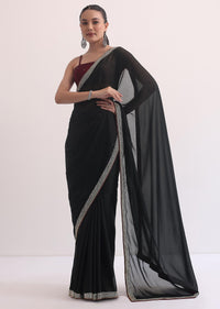 Black Jacquard Saree In Stone Embroidery With Unstitched Blouse