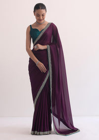 Wine Jacquard Saree In Stone Embroidery With Unstitched Blouse