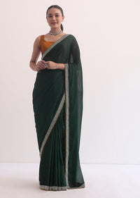 Green Satin Saree In Stone Studded Embroidery With Unstitched Blouse