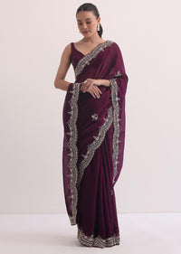 Wine Tissue Saree In Heave Embroidery With Unstitched Blouse