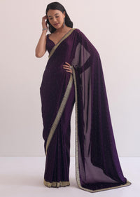 Purple Satin Saree With Cutdana Border