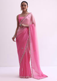 Pink Ombre Shaded Saree In Satin With Sequin Border And Unstitched Blouse Fabric