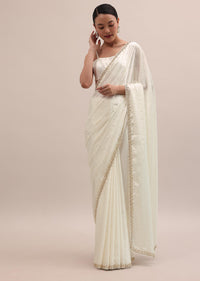 White Embroidered Satin Saree With Unstitched Blouse