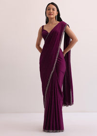 Wine Satin Saree With Cut Dana Embroidery