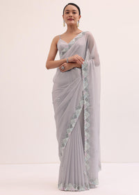 Grey Embroidered Chiffon Saree With Unstitched Blouse