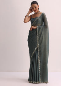 Pencil Grey Saree With Embroidered Border And Unstitched Blouse