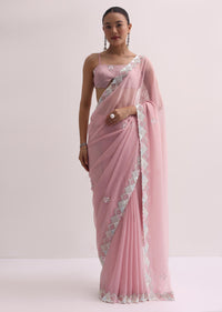 Light Pink Saree With Embroidered Border And Unstitched Blouse