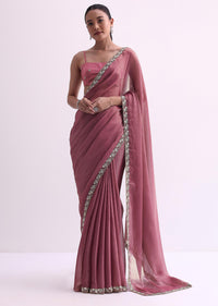 Onion Pink Textured Satin Saree With Cutdana Work And Unstitched Blouse Fabric