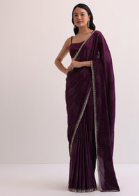 Wine Satin Saree With Stone Studded Border