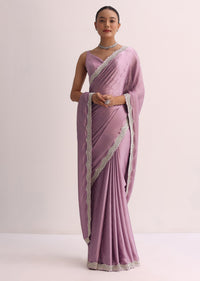 Purple Saree With Cutdana Border And Unstitched Blouse