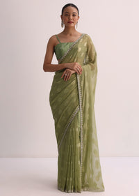 Mehendi Green Embroidered Saree And Unstitched Blouse