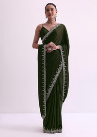 Green Stone Work Satin Saree With Cutdana Border And Unstitched Blouse Fabric