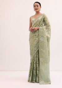 Green Stone Embroidered Tissue Saree With Unstitched Blouse