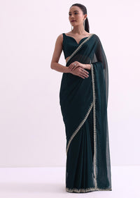 Blue Chiffon Saree With Stone Work Border And Unstitched Blouse Fabric