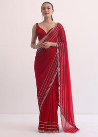 Red Georgette Saree In Cutdana Embroidery With Unstitched Blouse