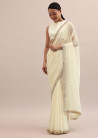 Off White Embroidered Georgette Saree With Unstitched Blouse