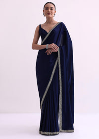 Navy Blue Satin Saree With Mirror Work And Unstitched Blouse Fabric-