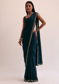 Royal Blue Satin Saree With Mirror Embroidery And Unstitched Blouse