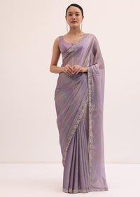 Purple Embroidered Chiffon Saree With Unstitched Blouse