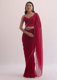 Red Georgette Saree With Cutdana Embroidery