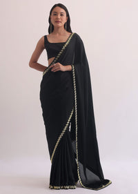 Black Satin Saree With Salli Cutdana Embroidery Border