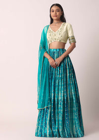 Green Printed Lehenga Set With Cutdana Work