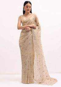 Beige Resham Work Tissue Saree With Unstitched Blouse