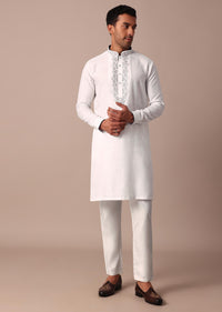 White Straight Linen Kurta With Yoke Detail