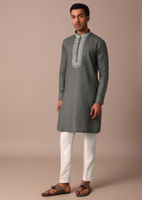 Grey Linen Kurta With Embroidered Yoke