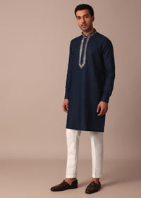 Navy Blue Embroidered Kurta With Yoke Detail