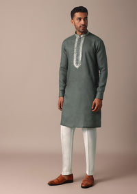 Grey Linen Kurta With Intricate Yoke Embroidery