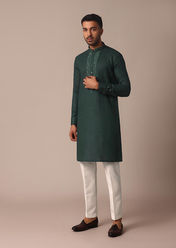 Lush Green Linen Kurta With Intricate Yoke Work