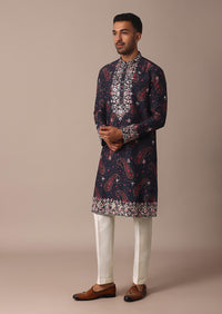 Blue Silk Kurta Set With Intricate Thread And Mirror Work Embroidery