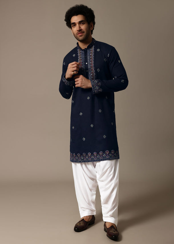 Navy Blue Linen Kurta Salwar For Men
