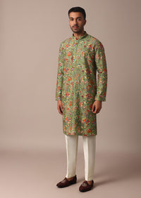 Green Silk Kurta Set With Intricate Floral Handwork