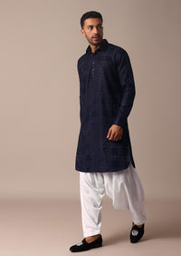 Blue Textured Fabric Collar Style Kurta Set