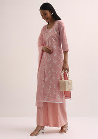 Pink Chanderi Palazzo Set With Patchwork Kurta Stitched Dress Material