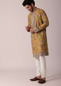 Yellow Floral Printed Silk Kurta Set For Men