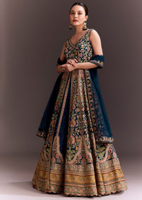 Teal Blue Floral Embroidered Anarkali With Net Dupatta