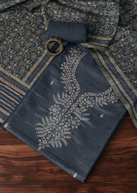 Slate Grey Zari Work Tussar Top With Kalamkari Printed Dupatta Unstitched Dress Material