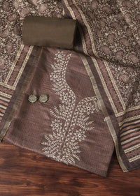 Brown Zari Embroidered Tussar Unstitched Dress Material With Kalamkari Printed Dupatta