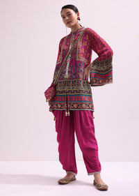 Pink Embroidered Kurta Dhoti Set With Potli